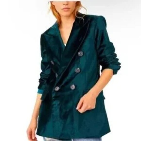 Free People Green Velvet Blazer Double-Breasted - Picture 2 of 8